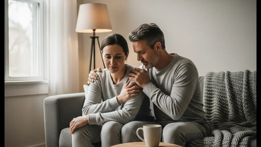Deux adultes habillés se réconfortent sur un canapé avec une couverture, illustrant un retour au calme et une tendresse partagée après un moment intense.