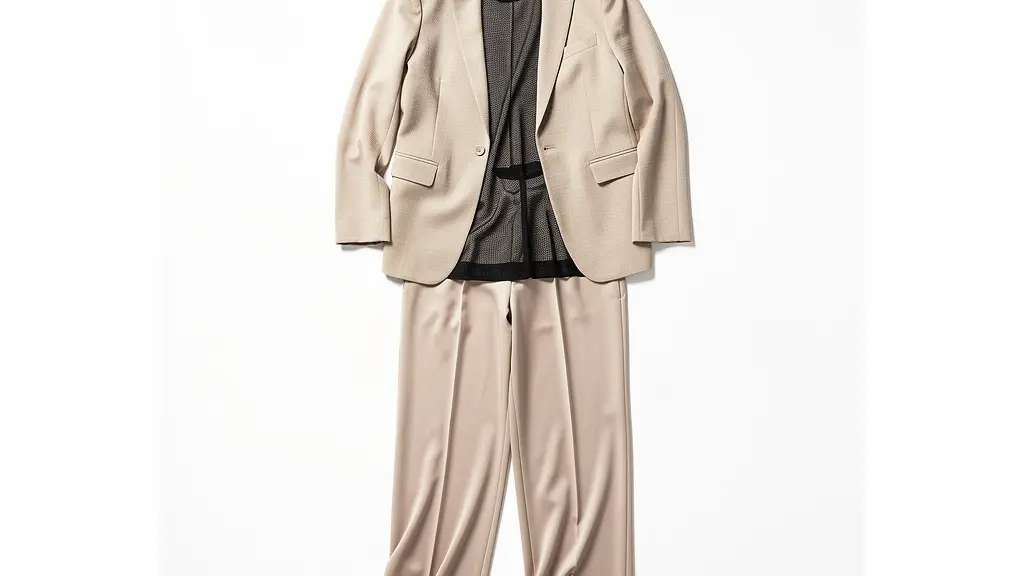 Ensemble élégant avec un blazer structuré beige sur un top en résille fine et un pantalon fluide en soie