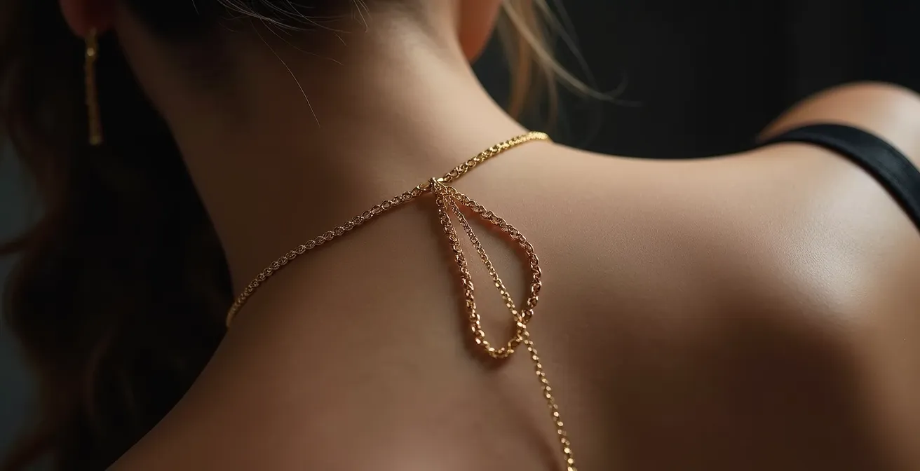 Gros plan sur un bijou de dos en or fin sur peau nue avec lingerie noire floue en arrière-plan
