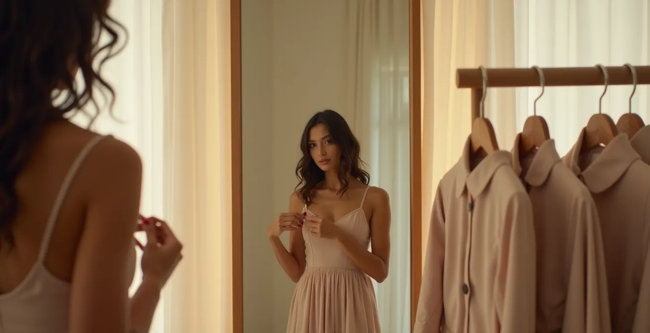 Femme vue de dos dans une cabine d'essayage ajustant un body gainant devant un miroir, ambiance boutique lumineuse