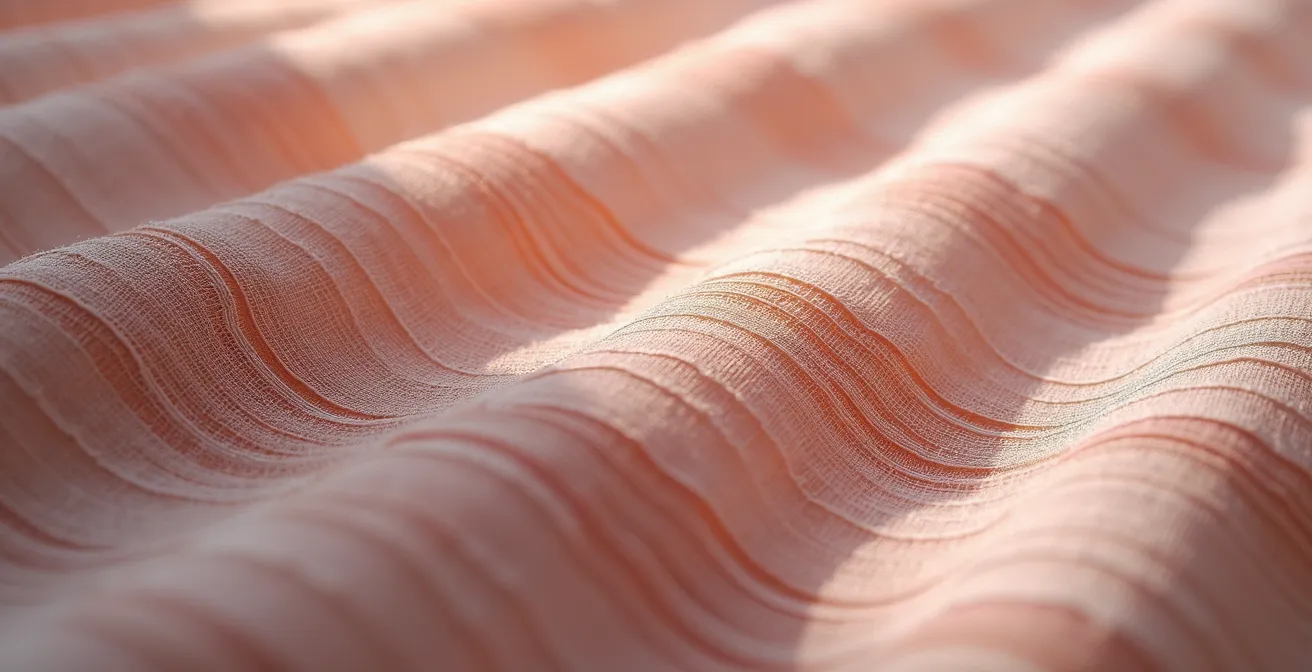 Gros plan sur le tissu technique d'un body sculptant montrant les différentes zones de compression avec des textures variées