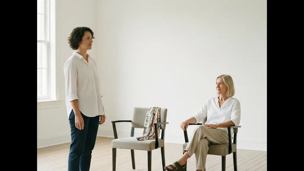 Deux adultes dans une pièce épurée : l’un se tient ancré et calme, l’autre est assis détendu, illustrant une autorité non agressive et un choix progressif de style de domination.