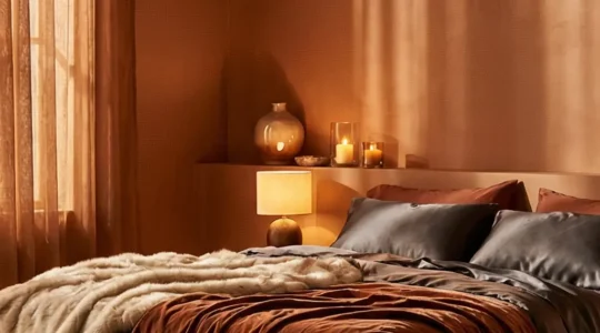 Chambre parentale transformée en boudoir romantique avec éclairage tamisé et textures douces