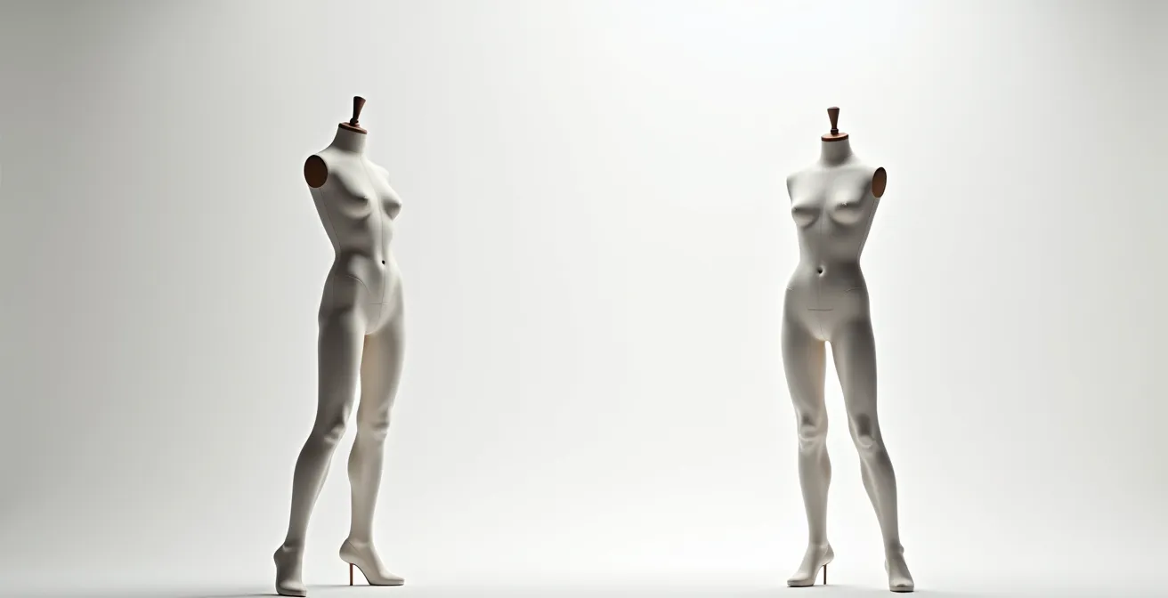 Silhouette féminine de profil montrant l'effet visuel de différentes échancrures sur la longueur perçue des jambes