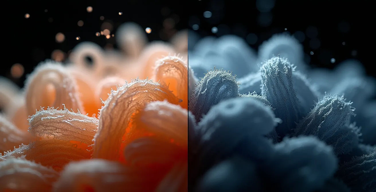 Vue microscopique comparative des fibres de polyester, lisses et artificielles, et des fibres de soie naturelle, à la structure plus organique et respirante.