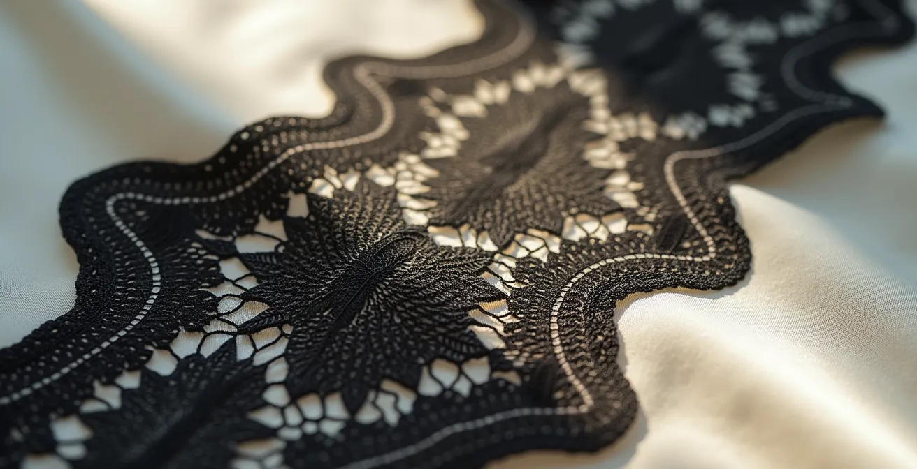 Détail macro de dentelle noire transparente sur soie ivoire opaque créant un jeu de textures sensuel