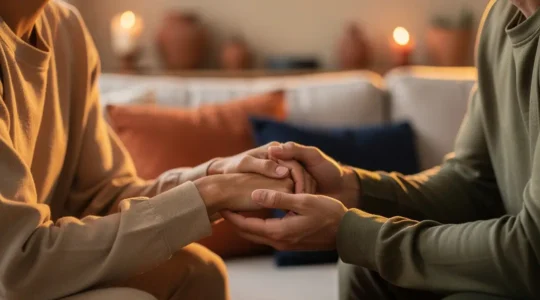 Couple assis face à face dans une lumière tamisée, mains entrelacées, symbolisant la confiance et le dialogue intime