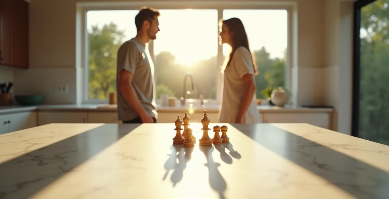 Couple complice échangeant un regard taquin dans une cuisine lumineuse