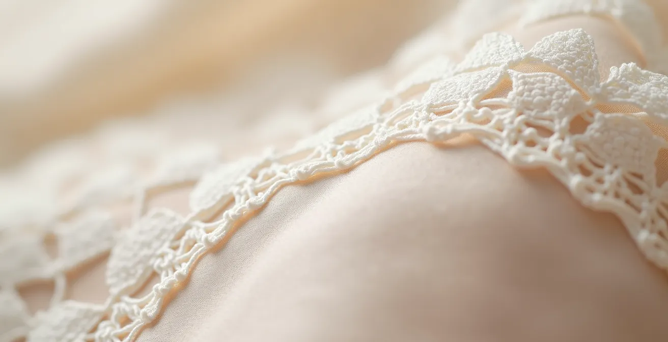 Gros plan sur une couture anglaise parfaite en dentelle de Calais