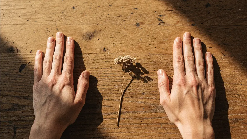 Deux mains posées à plat sur une table en bois avec un espace entre elles, symbolisant le respect des limites et la confiance dans le couple