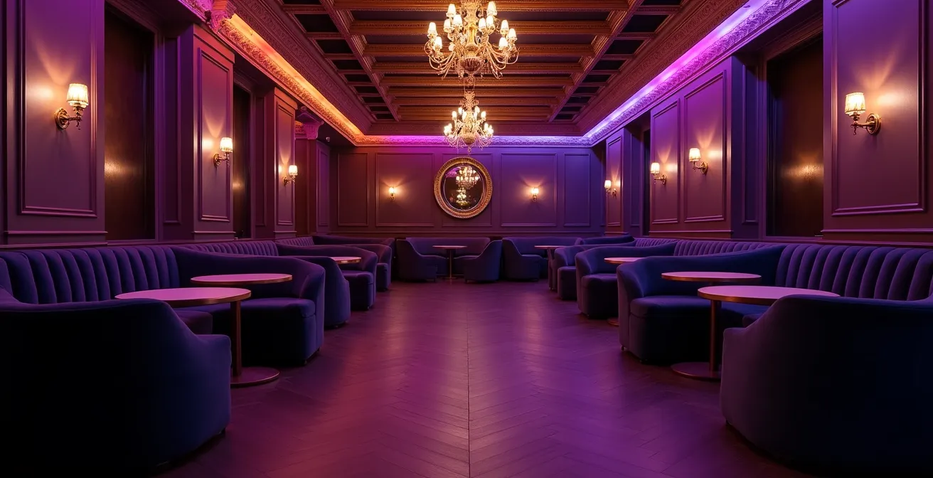 Espace lounge élégant avec éclairage tamisé et canapés en velours dans une ambiance sophistiquée