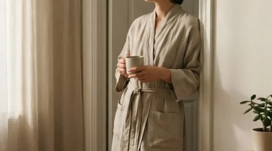 Une scène éditoriale réaliste reliant subtillement intimité et créativité : lumière du matin, espace négatif, atmosphère calme et concentrée.