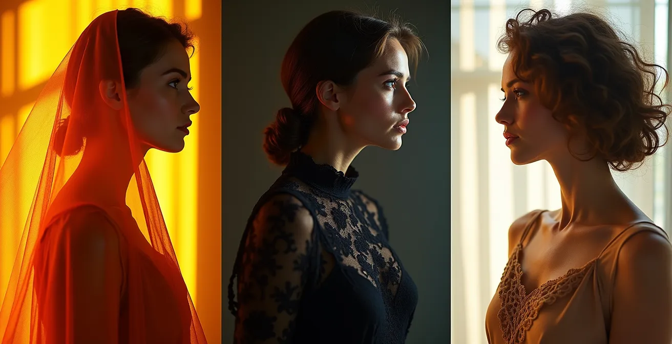 Composition triptyque montrant une femme essayant trois styles de lingerie représentant différentes énergies - solaire, lunaire et tellurique