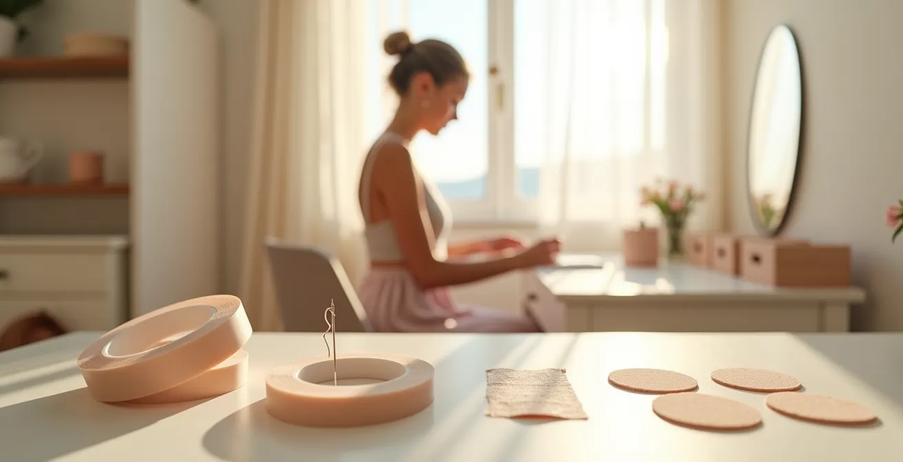 Application de ruban adhésif médical pour fixer un coussinet dans un soutien-gorge