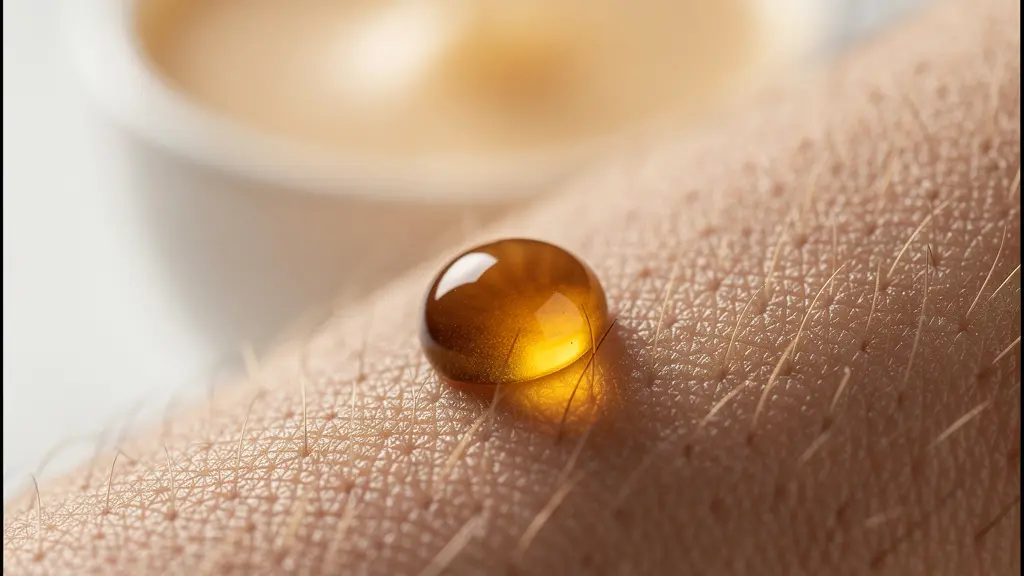 Gros plan macro d’une goutte d’huile tiède sur la peau et de cire fondue dans un petit bol en céramique, lumière chaude et douce.