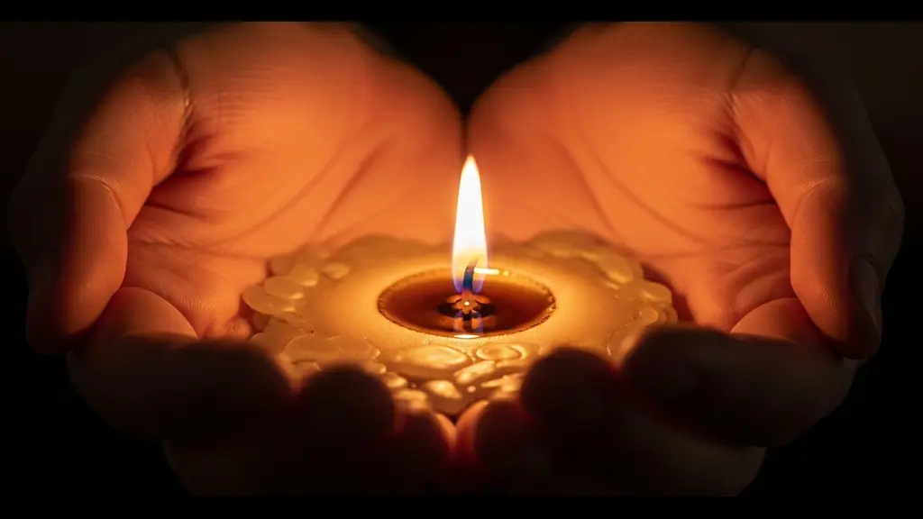 Gros plan sur deux mains tenant délicatement une bougie dont la flamme se reflète, symbolisant l'introspection sur le désir