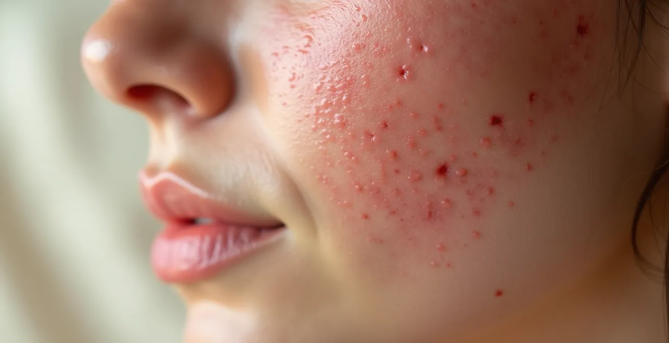 Vue macro de la peau montrant une légère rougeur et irritation dues au frottement d'un textile synthétique.