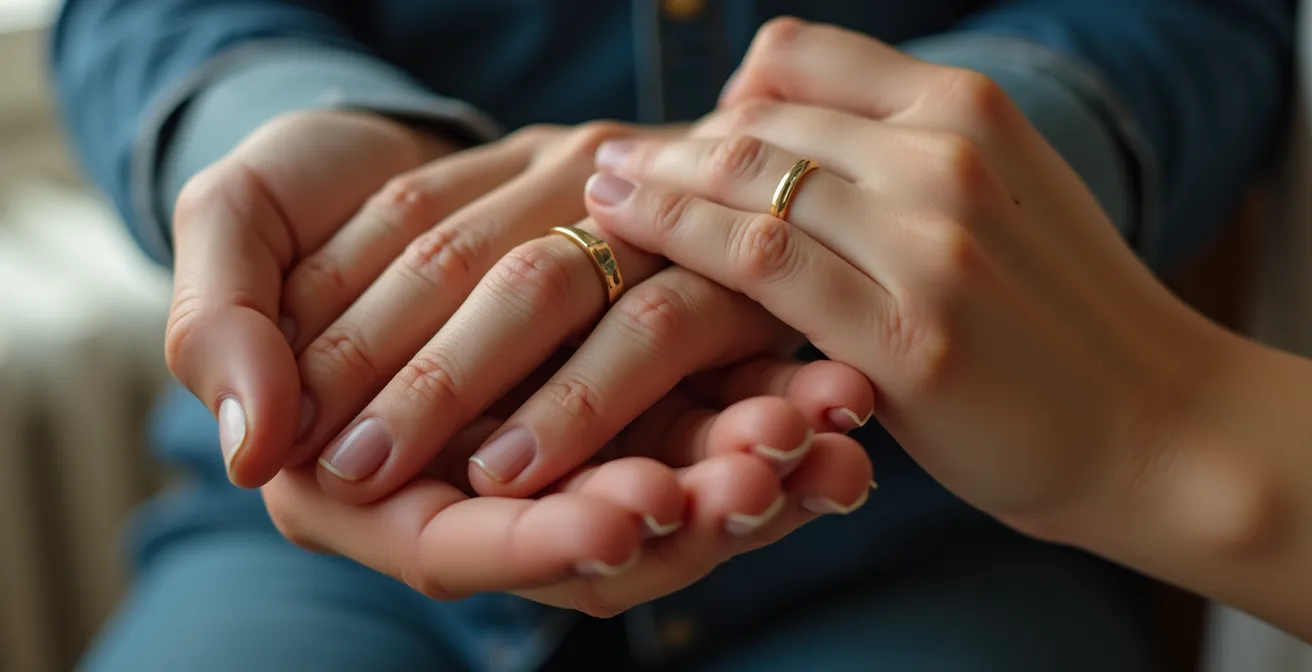 Gros plan sur des mains entrelacées exprimant le soutien et la tendresse dans un moment d'émotion