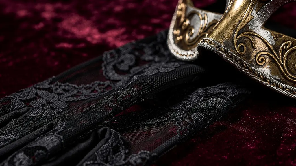 Composition artistique avec masque vénitien et gants de dentelle sur velours