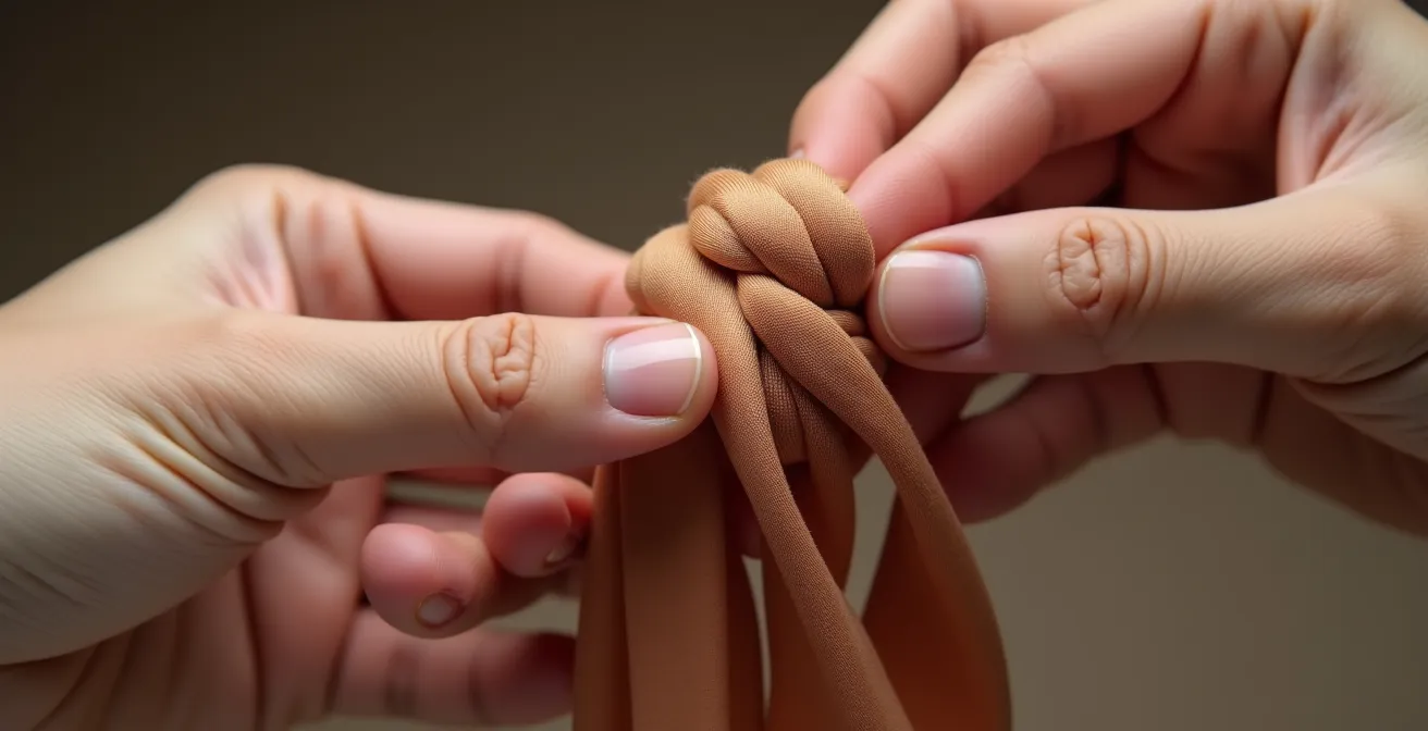 Démonstration en gros plan d'un nœud de largage sur tissu soie