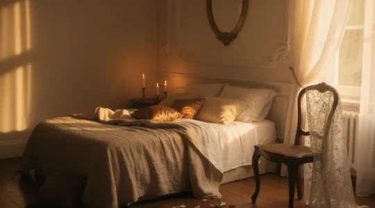 Décor de chambre érotique avec lingerie suggérée dans une ambiance tamisée