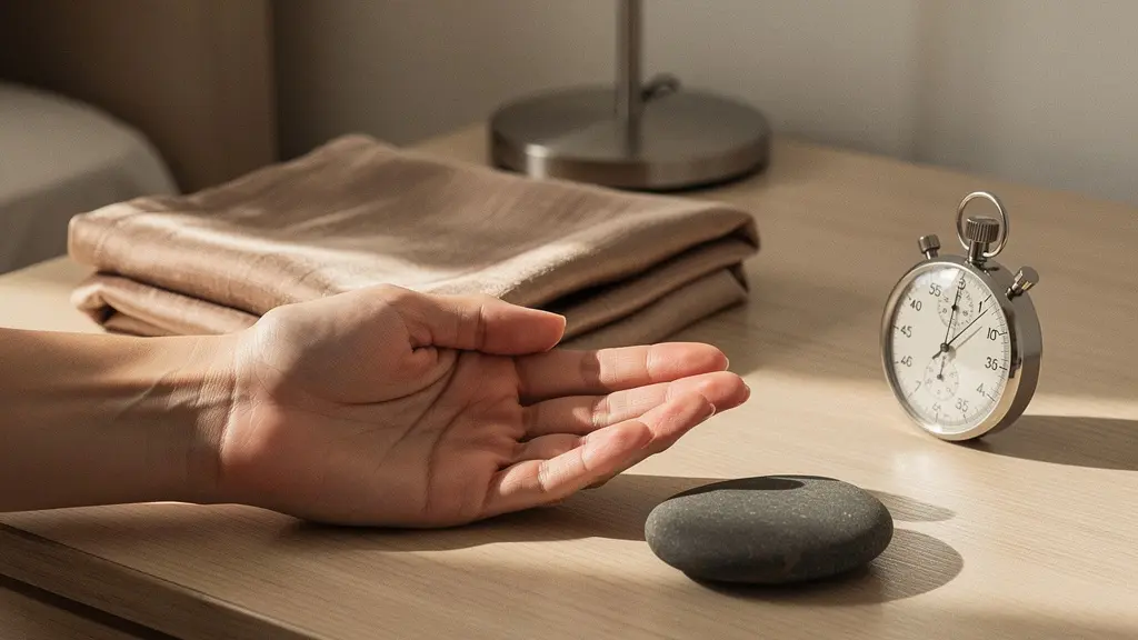 Nature morte symbolique sur une table de chevet : main ouverte près d’un tissu doux et d’un galet lisse, ambiance calme et intime.