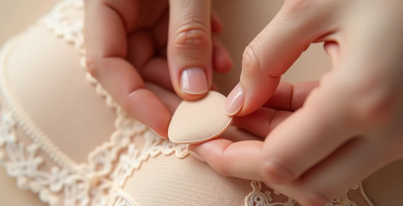 Démonstration du placement précis d'un coussinet dans un soutien-gorge selon l'angle de vue