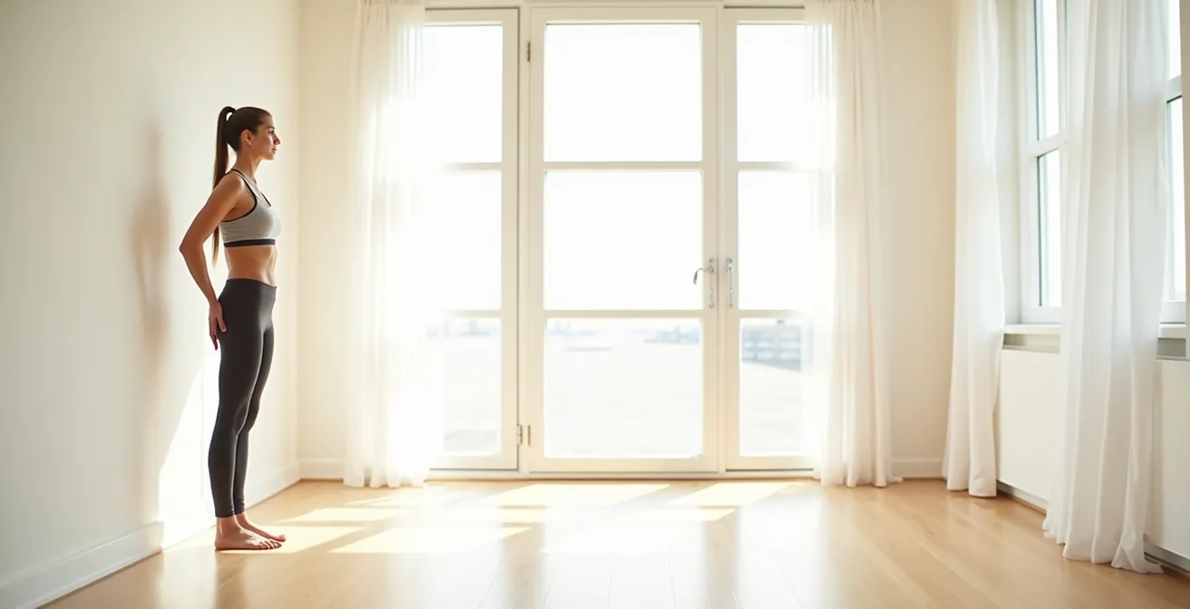 Femme pratiquant un exercice de bascule du bassin dans un environnement zen