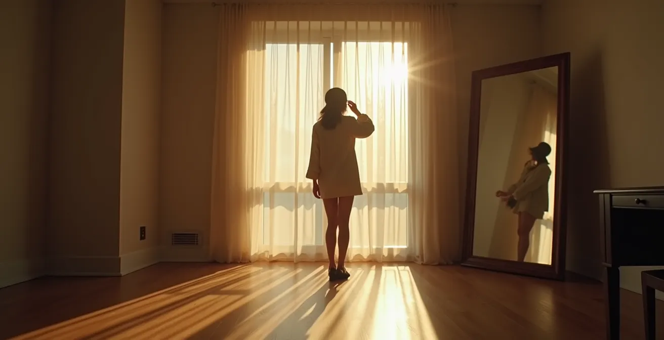 Vue minimaliste d'une silhouette se préparant devant un miroir dans une atmosphère intime