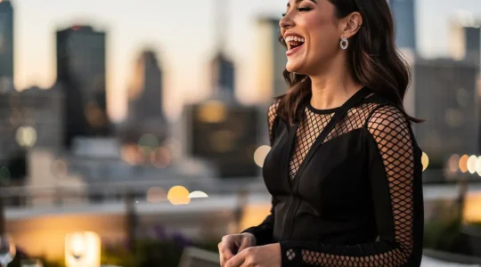 Femme élégante portant une robe noire sophistiquée avec des détails en résille, éclairage tamisé de soirée