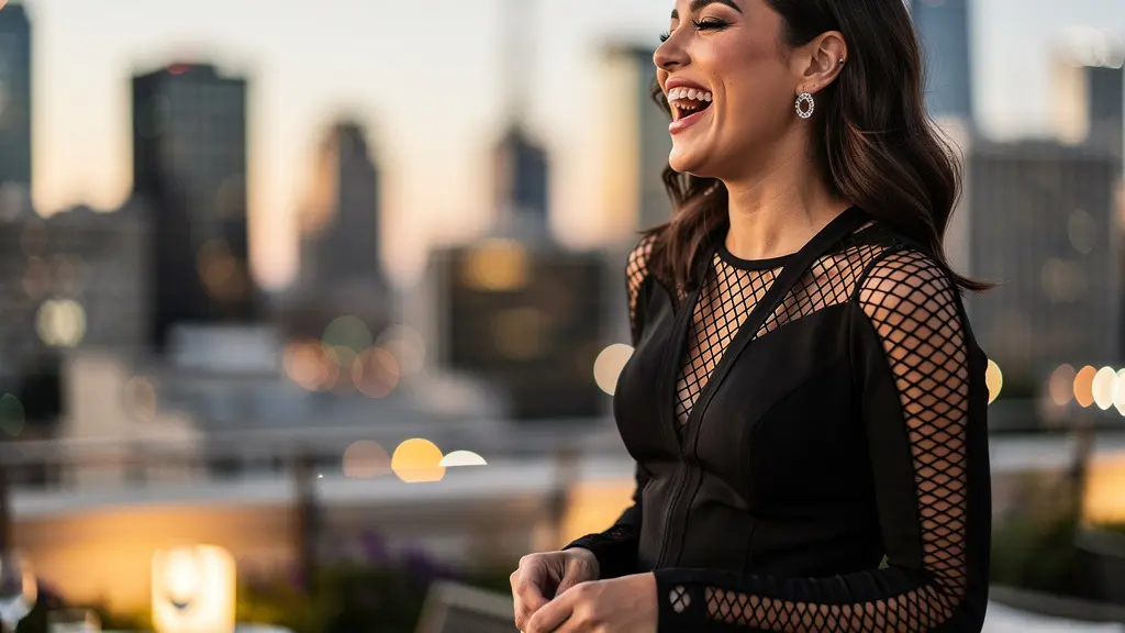 Femme élégante portant une robe noire sophistiquée avec des détails en résille, éclairage tamisé de soirée