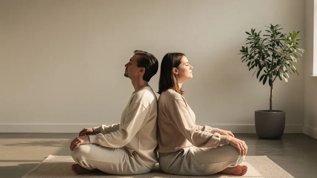Plan large minimaliste de deux partenaires assis dos à dos, respirant calmement dans une pièce lumineuse et épurée.