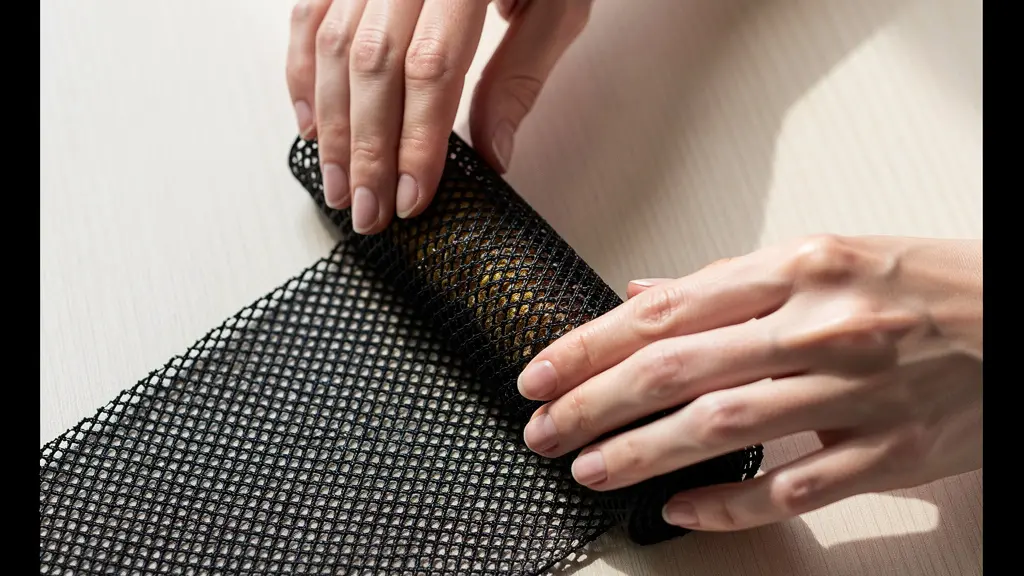 Mains délicates roulant un vêtement en résille noire sur une surface en bois clair selon la technique du rouleau