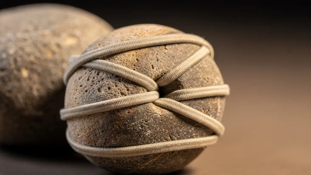 Gros plan macro d’élastiques tendus autour d’un galet lisse, métaphore visuelle de la tension pelvienne et du stress accumulé.