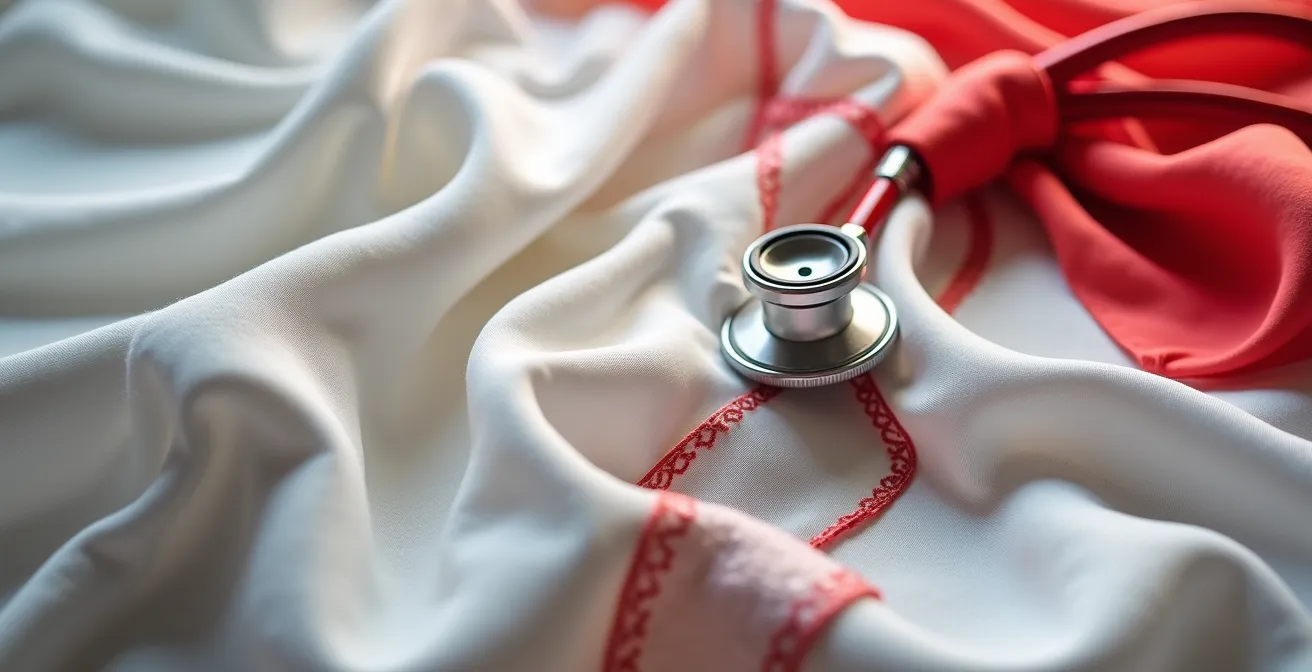 Détail de matières fluides et accessoires d'une tenue d'infirmière moderne adaptée aux rondeurs