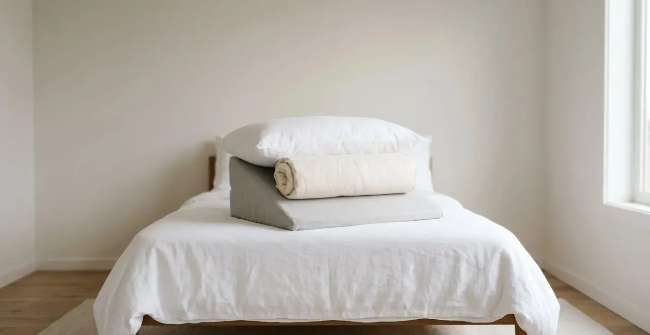 Composition minimaliste montrant des coussins de positionnement dans un environnement intime