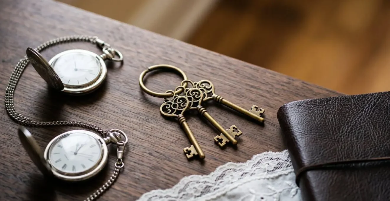 Accessoires de soubrette disposes avec soin trousseau de cles et montre a gousset