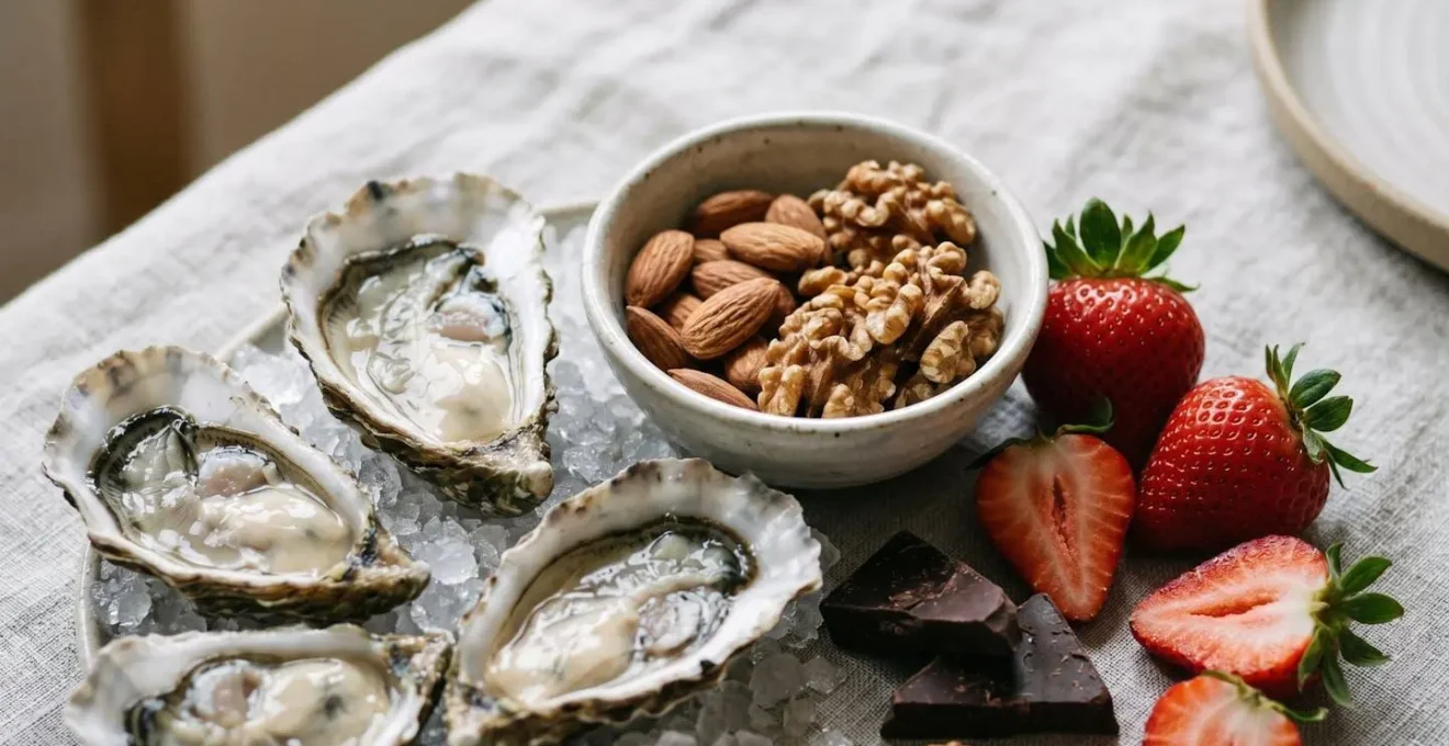 Assiette gastronomique composée d'aliments légers et aphrodisiaques pour une soirée romantique