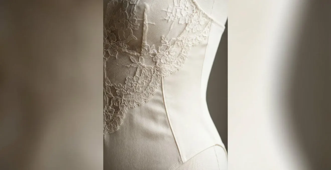 Détail d'un body en dentelle luxueux créant une ligne fluide et continue, accent sur la texture délicate et le tombé parfait du tissu