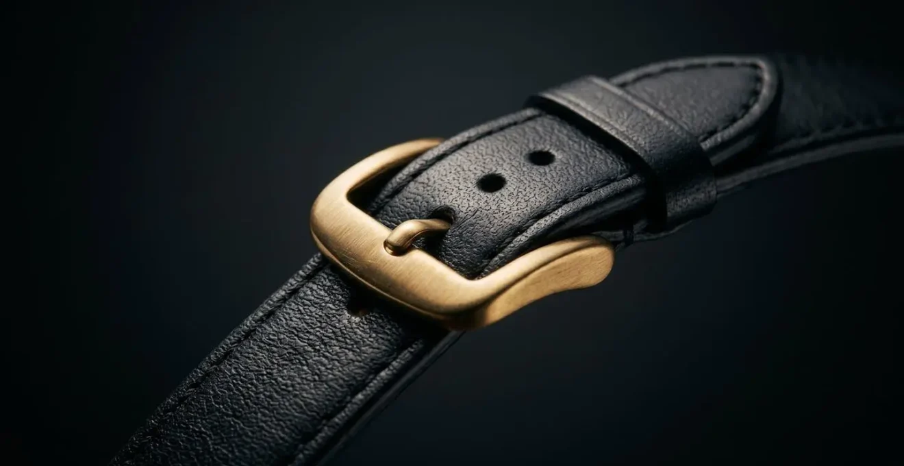 Boucle à ardillon en laiton sur cuir noir illustrant la sécurité et la fiabilité du système de fermeture