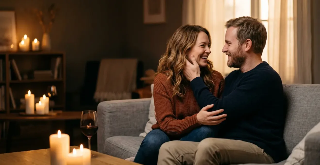 Couple partageant un moment romantique intime dans une ambiance tamisée avec bougies