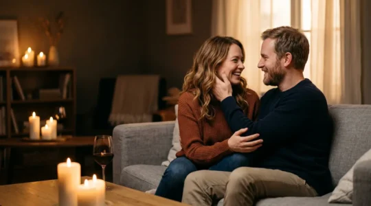 Couple partageant un moment romantique intime dans une ambiance tamisée avec bougies