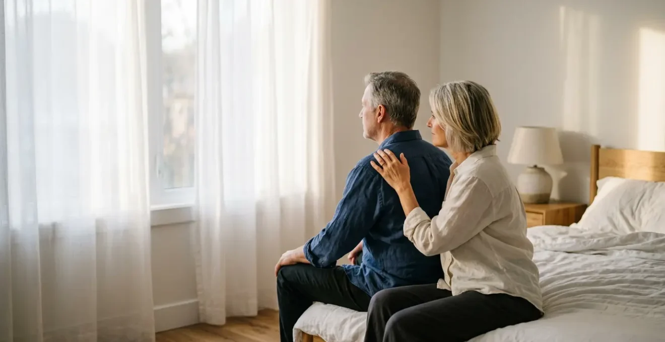 Couple mature dans une chambre lumineuse évoquant l'intimité et la complicité
