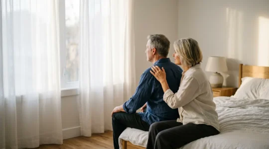 Couple mature dans une chambre lumineuse évoquant l'intimité et la complicité