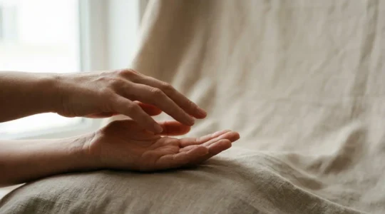 Composition intimiste évoquant l'exploration sensorielle et la découverte tactile dans un cadre de confiance mutuelle