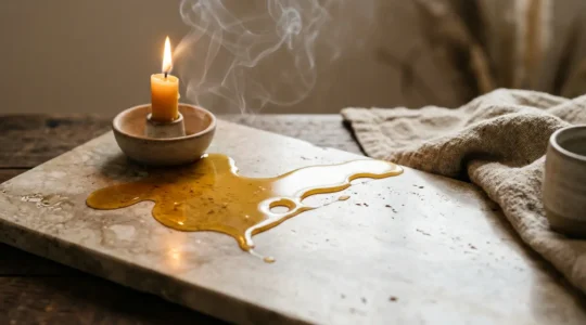 Moment de détente sensorielle avec lumière tamisée et textures naturelles pour massage sensuel