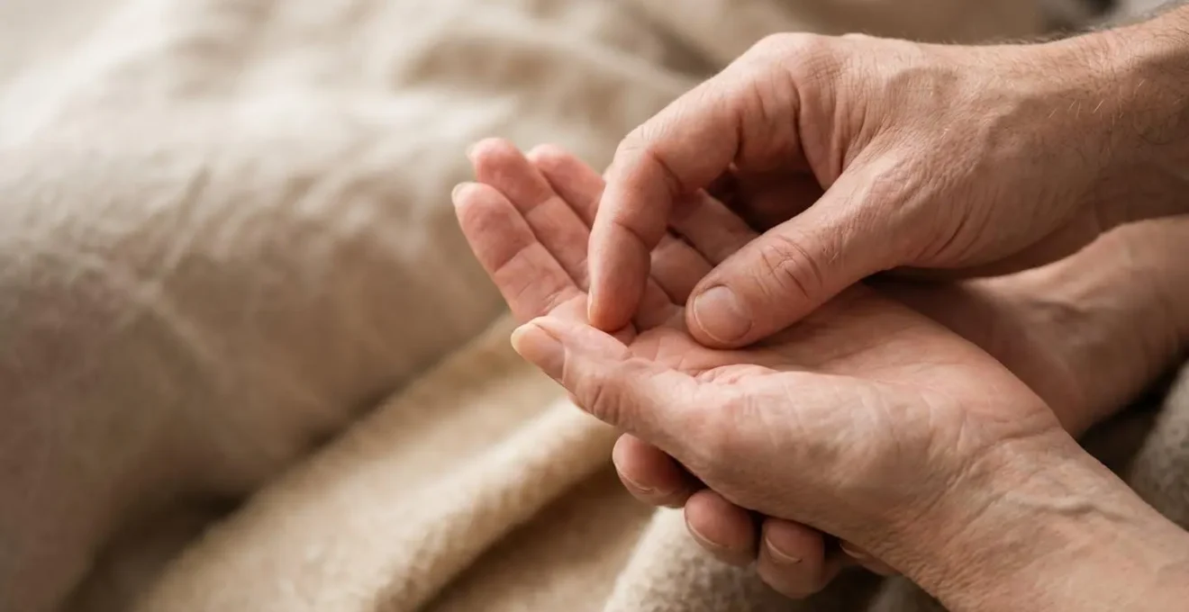 Gros plan sur les mains entrelacées d'un couple mature exprimant la tendresse et la communication