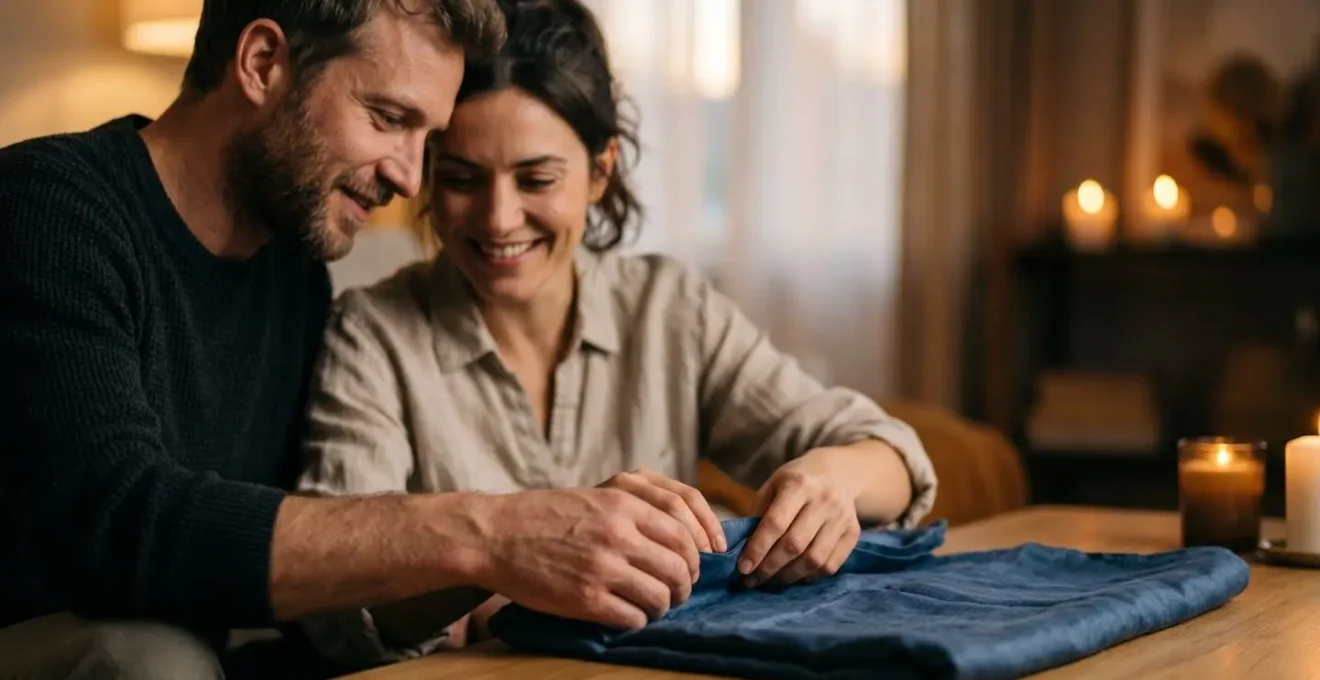 Couple partageant un moment de complicité lors du démontage du décor après un jeu de rôle