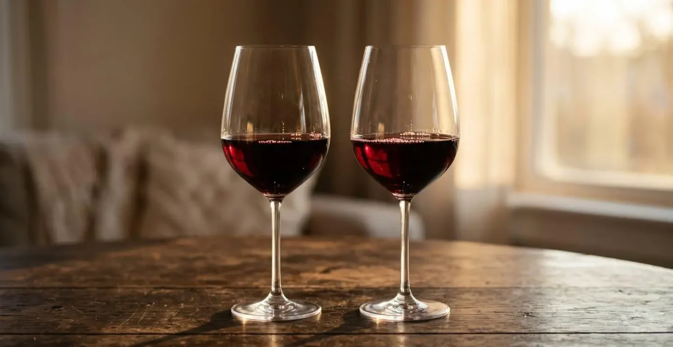 Deux verres de vin rouge côte à côte sur une table avec lumière douce symbolisant un rituel de transition
