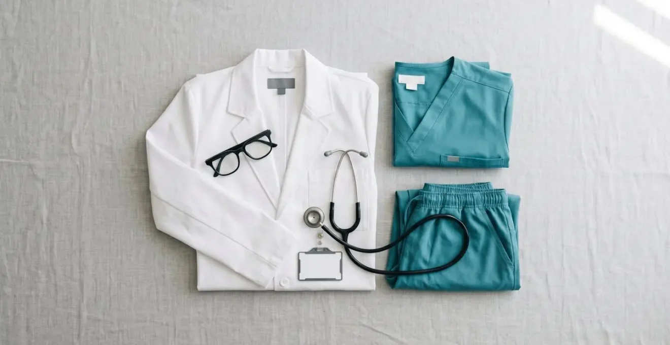 Composition minimaliste de tenues médicales professionnelles contemporaines disposées avec intention